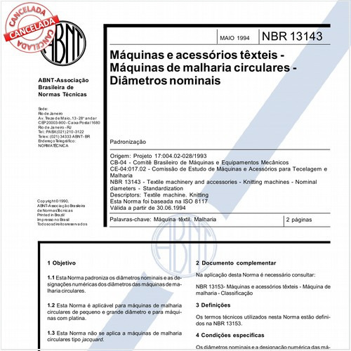 Máquinas e acessórios têxteis - Máquinas de malharia circulares - Diâmetros nominais