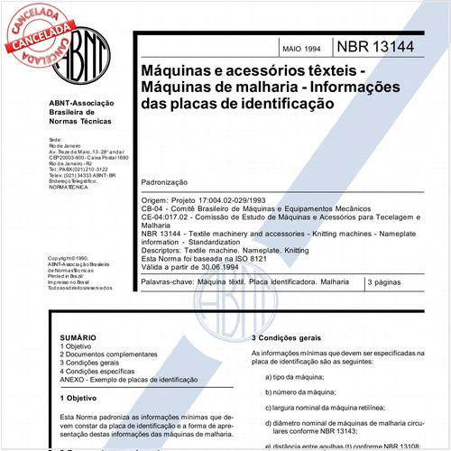 Máquinas e acessórios têxteis - Máquinas de malharia - Informações das placas de identificação