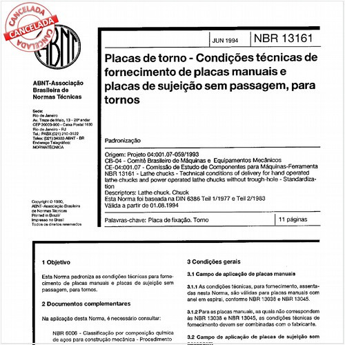 Placa de torno - Condições técnicas de fornecimento de placas manuais e placas de sujeição sem passagem, para tornos