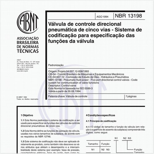 Válvula de controle direcional pneumática de cinco vias - Sistema de codificação para especificação das funções da válvula - Padronização