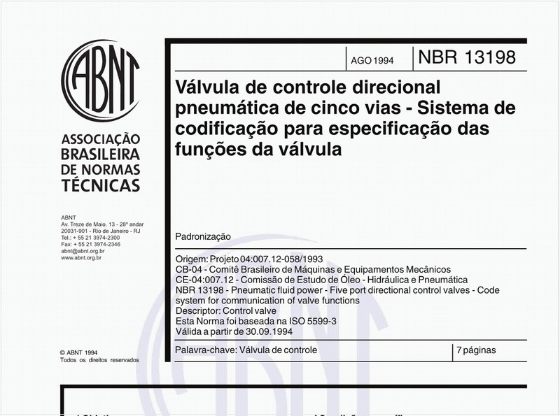 Válvula de controle direcional pneumática de cinco vias - Sistema de codificação para especificação das funções da válvula - Padronização