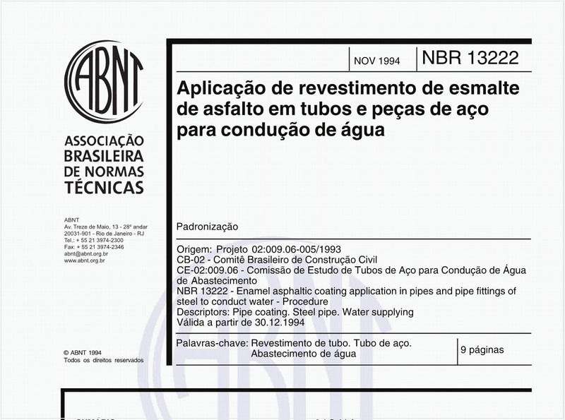 Aplicação de revestimento de esmalte de asfalto em tubos e peças de aço para condução de água - Padronização