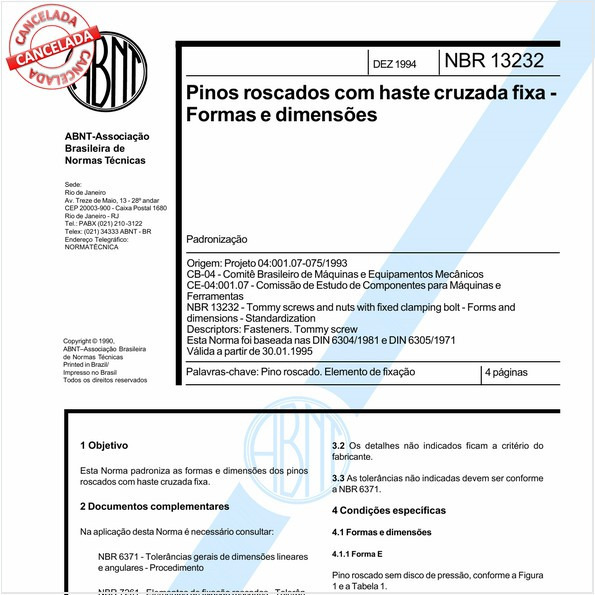 Pinos roscados com haste cruzada fixa - Formas e dimensões