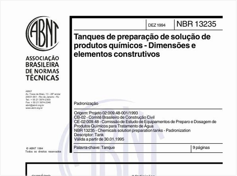 Tanques de preparação de solução de produtos químicos - Dimensões e elementos construtivos - Padronização