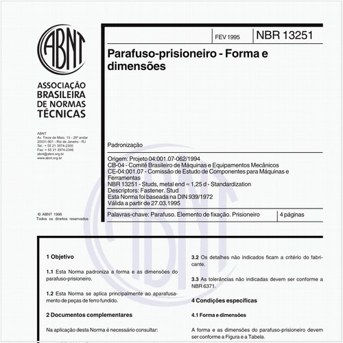 Parafuso-prisioneiro - Forma e dimensões - Padronização