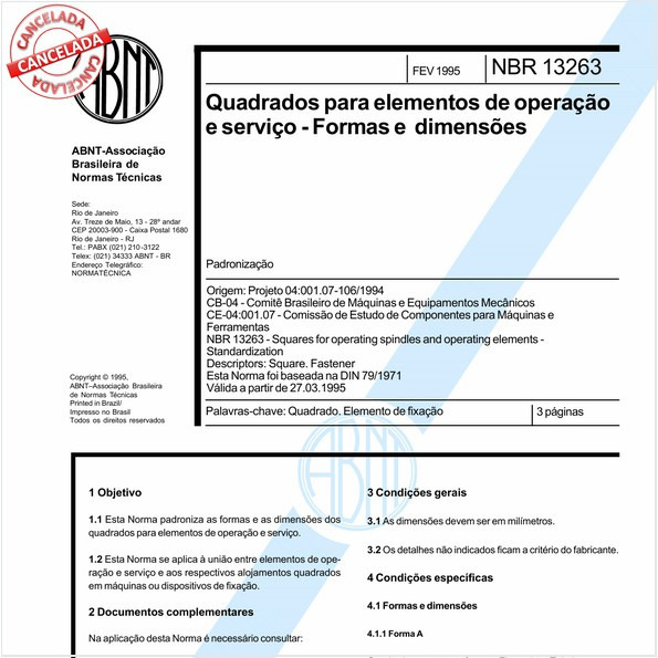 Quadrados para elementos de operação e serviço - Formas e dimensões