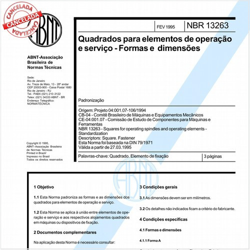 Quadrados para elementos de operação e serviço - Formas e dimensões