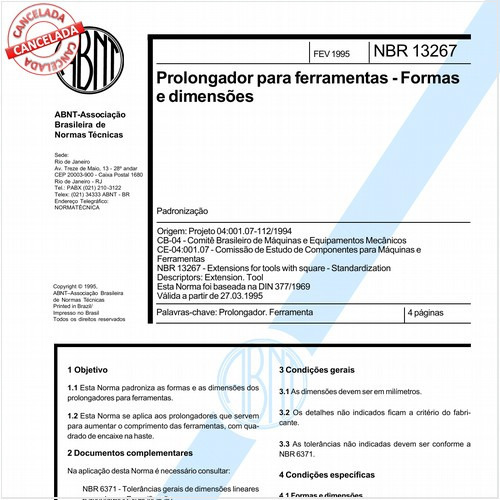Prolongador para ferramentas - Formas e dimensões