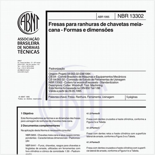 Fresas para ranhuras de chavetas meia-cana - Formas e dimensões