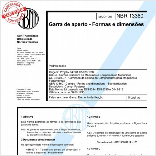 Garra de aperto - Formas e dimensões