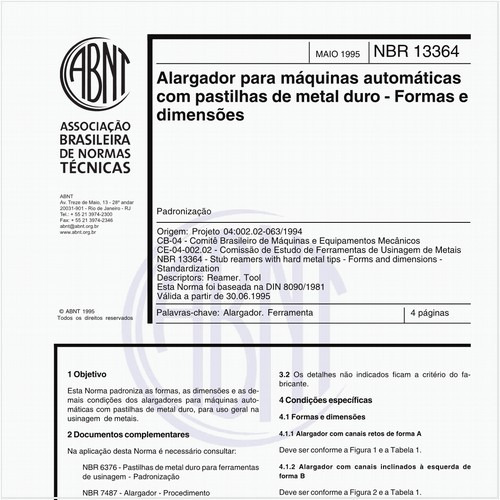 Alargador para máquinas automáticas com pastilhas de metal duro - Formas e dimensões - Padronização