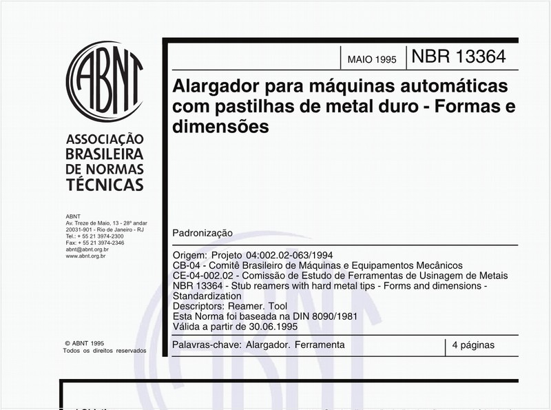 Alargador para máquinas automáticas com pastilhas de metal duro - Formas e dimensões - Padronização