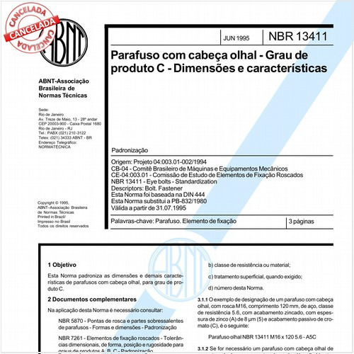 Parafuso com cabeça olhal - Grau de produto C - Dimensões e características