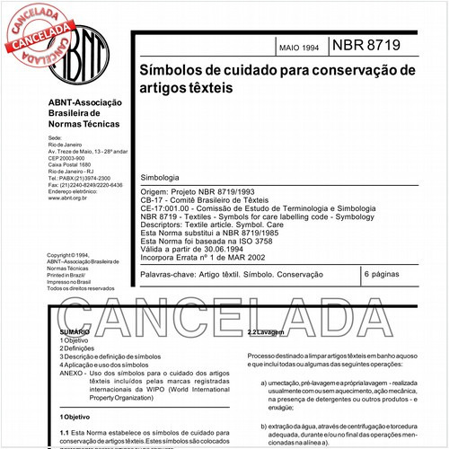 Símbolos de cuidado para conservação de artigos têxteis