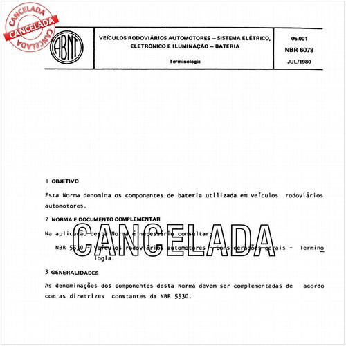 Veículos rodoviários automotores - Sistema elétrico, eletrônico e iluminação - Bateria