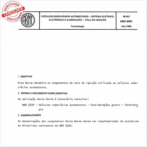Veículos rodoviários automotores - Sistema elétrico, eletrônico e iluminação - Vela da ignição