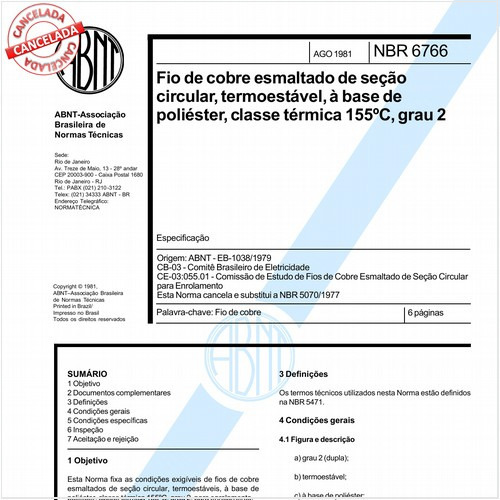 Fio de cobre esmaltado de seção circular, termoestável, à base de poliéster, classe térmica 155 graus Celsius, grau 2