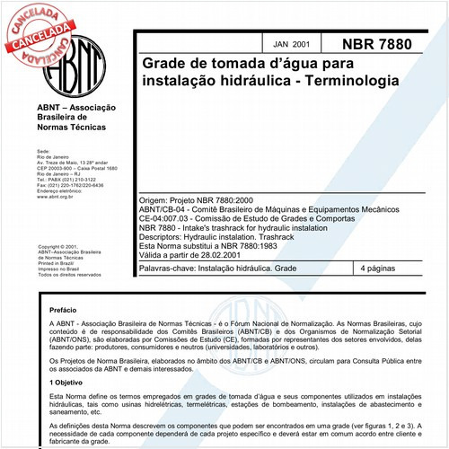 Grade de tomada d'água para instalação hidráulica - Terminologia