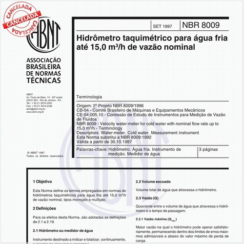 Hidrômetro taquimétrico para água fria até 15,0 m³/h de vazão nominal - Terminologia