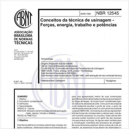 Conceitos da técnica de usinagem - Forças, energia, trabalho e potências - Terminologia