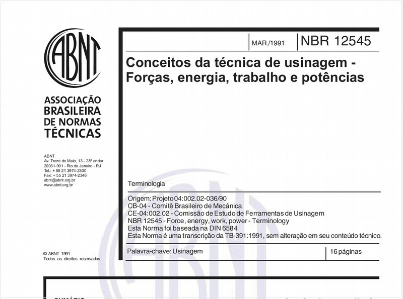 Conceitos da técnica de usinagem - Forças, energia, trabalho e potências - Terminologia