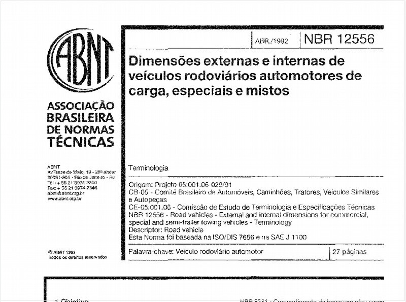 Dimensões externas e internas de veículos rodoviários automotores de carga, especiais e mistos - Terminologia