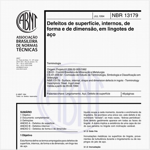 Defeitos de superfície, internos, de forma e de dimensão, em lingotes de aço - Terminologia