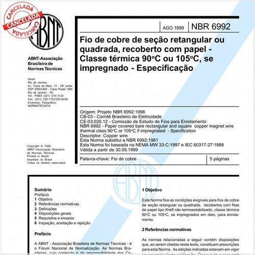 Fio de cobre de seção retangular ou quadrada, recoberto com papel - Classe térmica 90ºC ou 105ºC, se impregnado - Especificação
