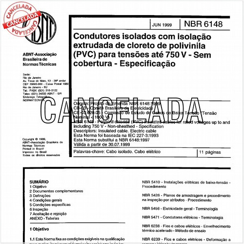 Fios e cabos com isolação sólida extrudada de cloreto de polivinila para tensões até 750 V - Sem cobertura