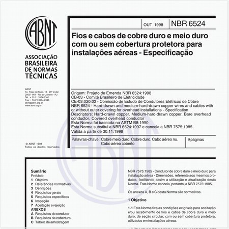 Fios e cabos de cobre duro e meio duro com ou sem cobertura protetora para instalações aéreas
