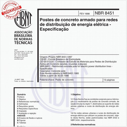 Postes de concreto armado para redes de distribuição de energia elétrica - Especificação