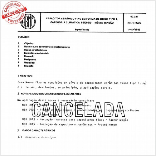 Capacitor cerâmico fixo em forma de disco, tipo 1, categoria climática 55-085-21, média tensão