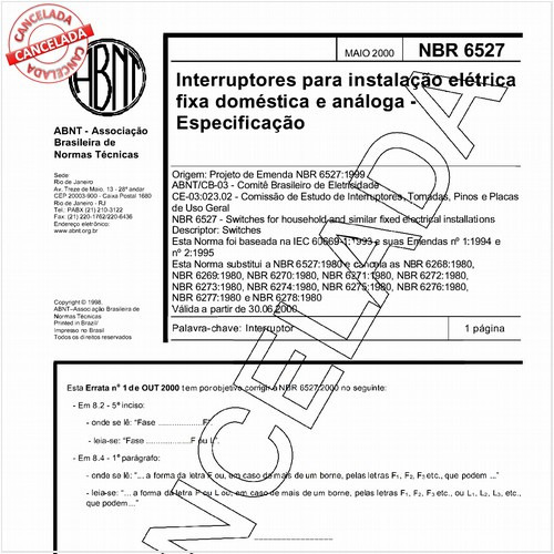 Interruptores para instalação elétrica fixa doméstica e análoga - Especificação 