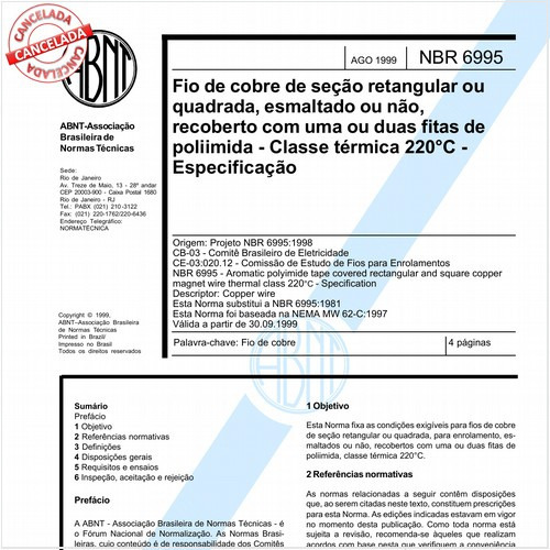 Fio de cobre de seção retangular ou quadrada, esmaltado ou não, recoberto com uma ou duas fitas de poliimida - Classe térmica 220ºC - Especificação