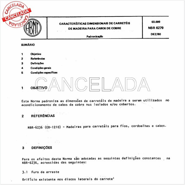 Características dimensionais de carreteis de madeira para cabos de cobre.