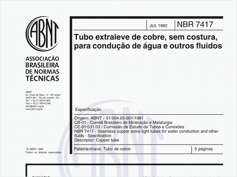 Tubo extraleve de cobre, sem costura, para condução de água e outros fluidos