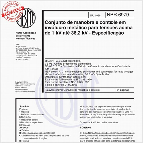 Conjunto de manobra e controle em invólucro metálico para tensões acima de 1 kV até 36,2 kV - Especificação