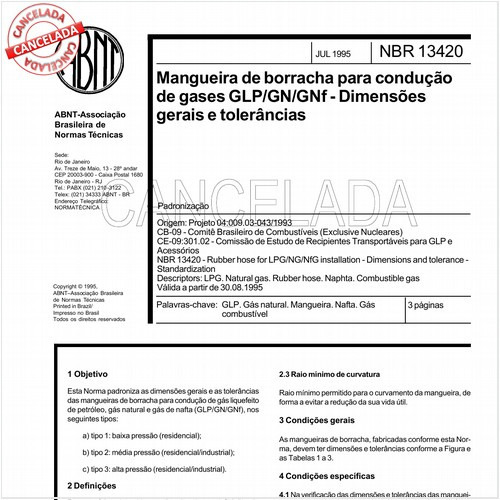 Mangueira de borracha para condução de gases GLP/GN/GNf - Dimensões gerais e tolerâncias