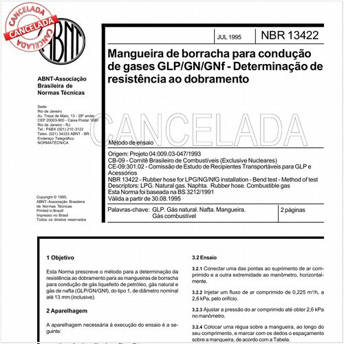 Mangueira de borracha para condução de gases GLP/GN/GNf - Determinação de resistência ao dobramento