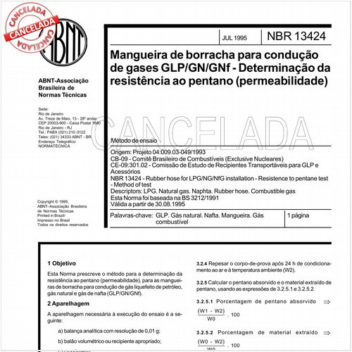 Mangueira de borracha para condução de gases GLP/GN/GNf - Determinação da resistência ao pentano - Permeabilidade