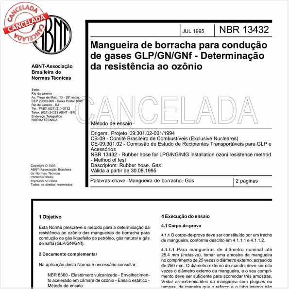 Mangueira de borracha para condução de gases GLP/GN/GNf - Determinação da resistência ao ozônio