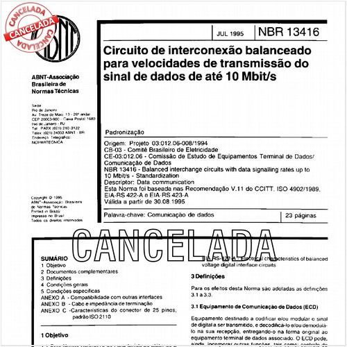 Circuito de interconexão balanceado para velocidades de transmissão do sinal de dados de até 10 Mbit/s