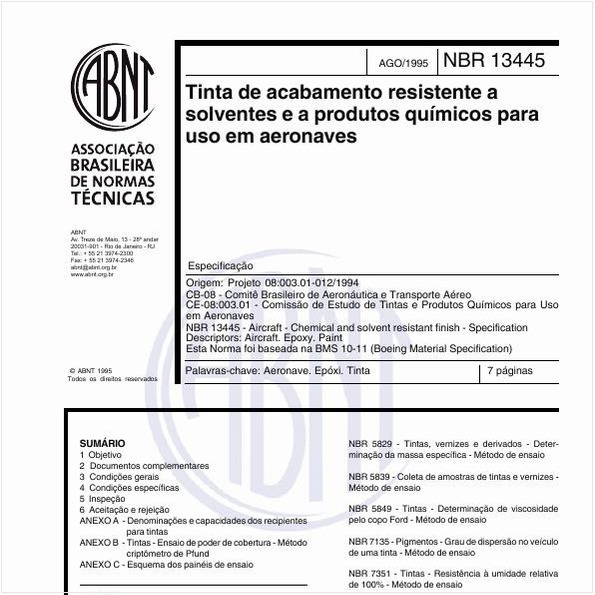 Tinta de acabamento resistente a solventes e a produtos químicos para uso em aeronaves - Especificação