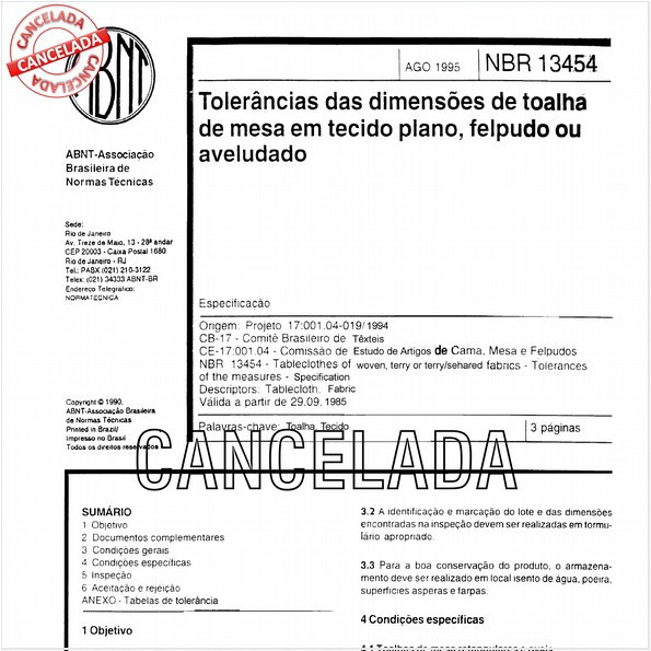 Tolerâncias das dimensões de toalha de mesa em tecido plano, felpudo ou aveludado