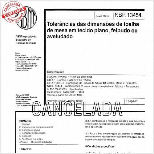 Tolerâncias das dimensões de toalha de mesa em tecido plano, felpudo ou aveludado