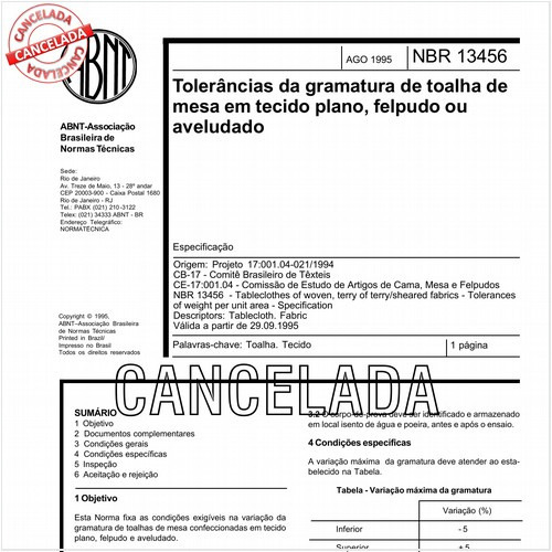 Tolerâncias da gramatura de toalha de mesa em tecido plano, felpudo ou aveludado