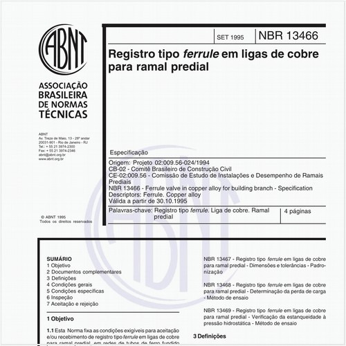Registro tipo ferrule em ligas de cobre para ramal predial