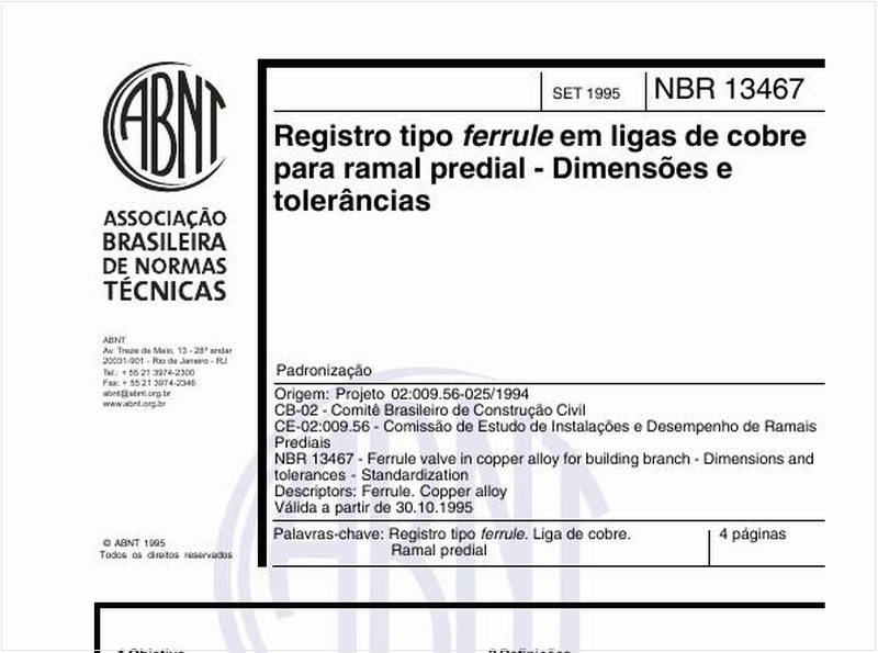 Registro tipo ferrule em ligas de cobre para ramal predial - Dimensões e tolerâncias