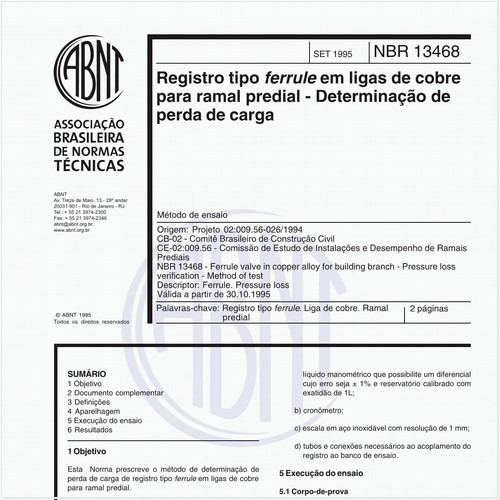 Registro tipo ferrule em ligas de cobre para ramal predial - Determinação de perda de carga