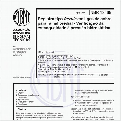 Registro tipo ferrule em ligas de cobre para ramal predial - Verificação da estanqueidade à pressão hidrostática